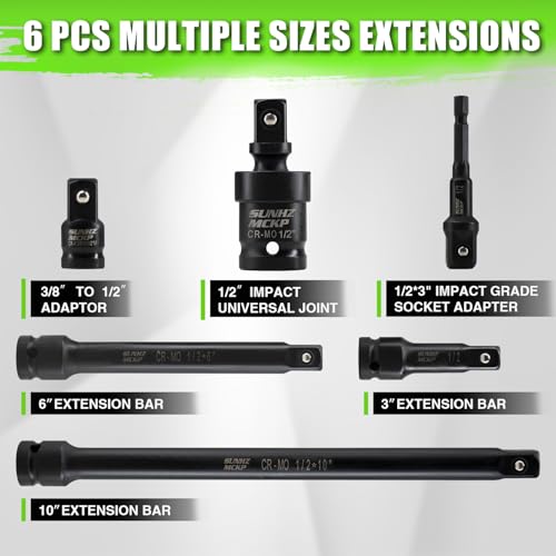 Image of SUNHZMCKP 1 /2 inch Socket Set, 21pcs Drive Deep Impact Socket Set, 6 Point Standard Metric Sockets (10mm - 24mm), Including 3 inch, 6 inch, 10 inch Impact Extension Bar and Drill Socket Adapter, Cr-MO