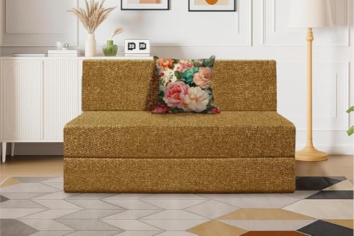 Image of Foldable 1 Seater Sofa Cum Bed, Sofa Bed 3 X 6 Feet, Jute Fabric- Washable Cover- Including One Cushion Perfect for Home & Office - Golden Color