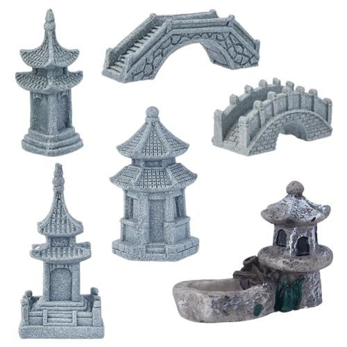 SUPERFINDINGS 6 Statues de Jardin Zen Miniatures Style Pagode Lanterne Chinoise Miniature Pont de la Tour Décoration de Jardin de Fées Accessoires pour Jardin de Balcon Gris Ardoise