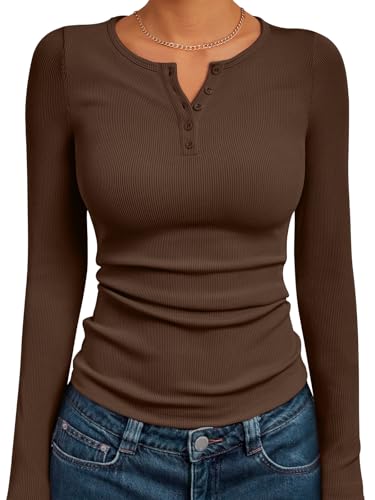 Trendy Queen Womens Long Sleeve Shirts 2025 Henley Casual Fall Outfits Fitted Cotton Tops Ribbed Fashion Cute Basic Tees Coffee M