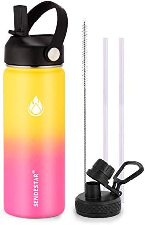 SENDESTAR Stainless Steel Water Bottle, Wide Mouth Water Bottle 18 oz with Straw Lid, Spout Lid, Double Wall Vacuum Insulated Leak Proof, Keeps Liquids Hot or Cold (Yellow&Pink)