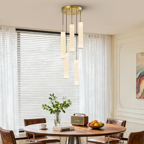 Image of LMQNINE Natural Alabaster Pendant Lights for Kitchen Island White Marble Long Tube Chandelier 4000K Modern Gold Ceiling Light Fixtures for Bedroom Dining Room Table Living Room Hallway(M-5Light)