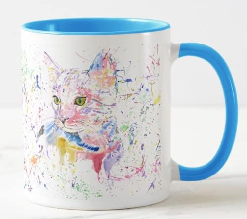 Vixar Cat Kitten Feline Pet Watercolour Rainbow Art Coloured Mug Cup Gift Birthday Work Office Christmas Tea Coffee (L. Blue) - Image 3