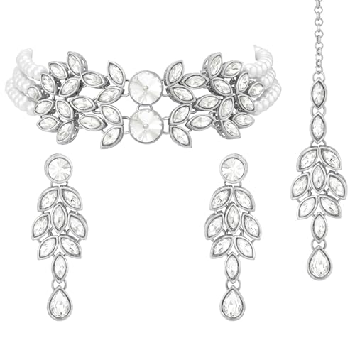 Image of Peora Gold Plated Bridal Crystal Pearl Choker Necklace with Drop Earrings Traditional Jewellery Set for Women