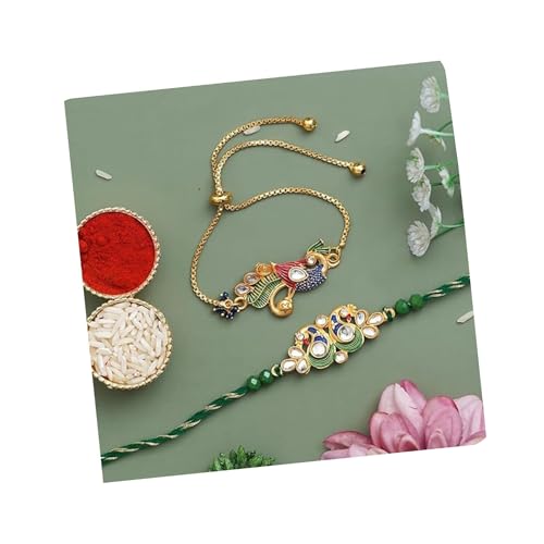 Image of eCraftIndia Unisex Adult Set Of 2 Peacock Feather And Floral Designer Rakhis For Brothers With Roli Chawal