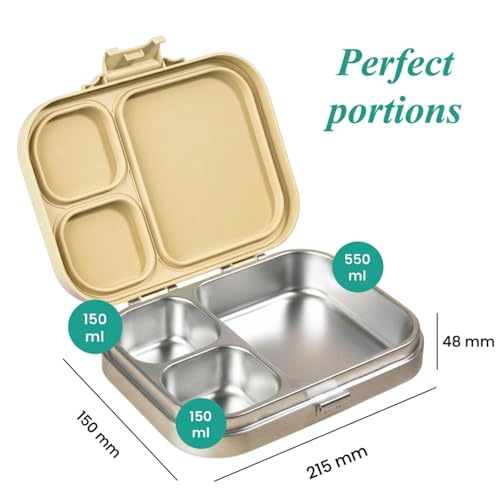 Image of THEONI Bento Joy Kids Stainless Steel Lunch Box, 3-Compartment Leak-Proof Tiffin Box, BPA-Free Food Grade 304 Steel, School Lunch Box with Kid-Friendly Locks for Boys & Girls Age 4-10 - Yellow