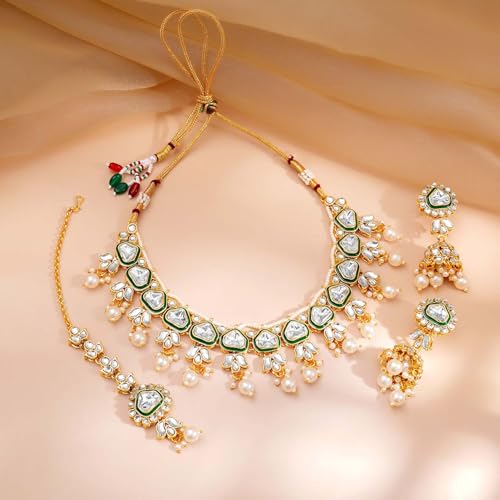 Image of Rubans Gold Plated Kundan Green Enamel Pearl Beaded Necklace Set with Earrings & Maangtikka Bridal Wedding Jewellery for Women & Girls