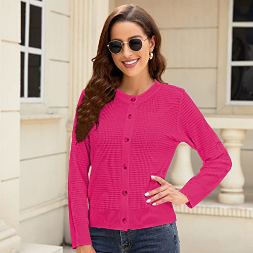 Image of Women's Crew Neck Button Down Long Sleeve Solid Knit Classic Cardigan Sweater Rose Red