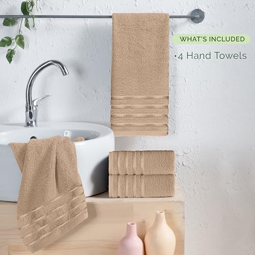 Image of Elegant Comfort 100% Turkish Cotton 4 Lines Viscose Stripe Luxury 4 Pack Hand Towel Set - Ultra Absorbent and Soft 16 x 28 Inch Premium Hotel Spa Quality Towels for Everyday Bath Use, Taupe