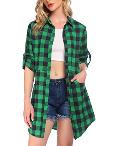 Hotouch Womens Flannel Shirts Long Sleeve Roll Up Collared Button Down Classic Loose Plaid Flannel Shirt with Pockets Bright Green S
