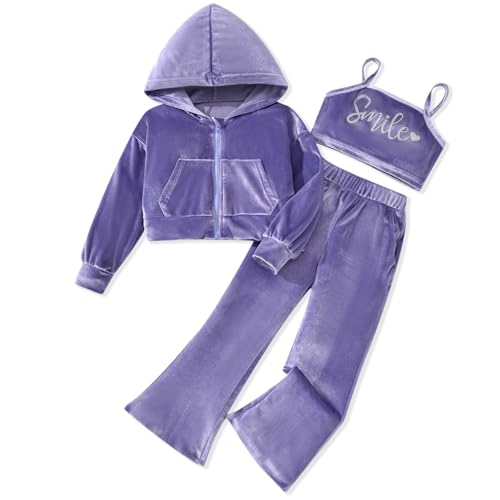 fioukiay Girls Sweatsuits Set Velour Tracksuit 3 Piece Outfits Zip Up Hoodies Camisole and Flare Pants Athletic Jogging Set, Purple, 10-11 Years