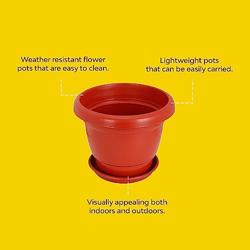 Kraft Seeds Gamla Planter Pots With Bottom Plate Tray (12 Pcs, 8 Inch, Red) | Plant Pots for Home | Plant Containers | Indoor Outdoor Balcony Flower Pots | Drip Tray Pots | Plastic Pots With Plates