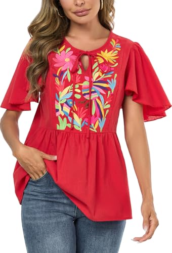 Image of Mexican Shirts Peasant Blouses for Women Cotton Embroidered Blouses Fiesta Summer Bohemian Shirts 3 /4 Sleeves