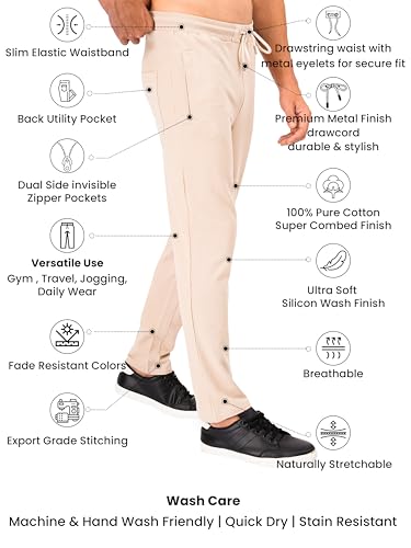 Image of Clans & Hans Men's 100% Pure Cotton Regular Fit Mid Rise Track Pant with Zipper Side Pockets and Back Pocket | Casual Gym Jogging Lounge Wear