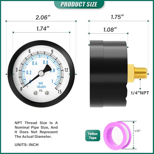 Image of 0-15PSI Well Pump Pressure Gauge 2 inch Dial Size, 1 /8 inch NPT Back Mount, 3-2-3% Accuracy, for Tube, Water Pump, Gas, Liquid, Pressure Test