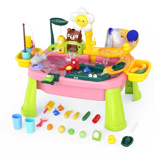 Water Table for Toddlers 1-3, Outdoor Toys for Kids Ages 4-8 with Pump, Kitchen Play Sink with Running Water, Fishing Toys Playset, Summer Outside Sand Water Sensory Activity Pool Toys Gifts, Pink - image 1