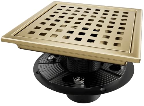 Elefloom Square Shower Drain Gold Brushed 6 inch with Removable Grid Panel