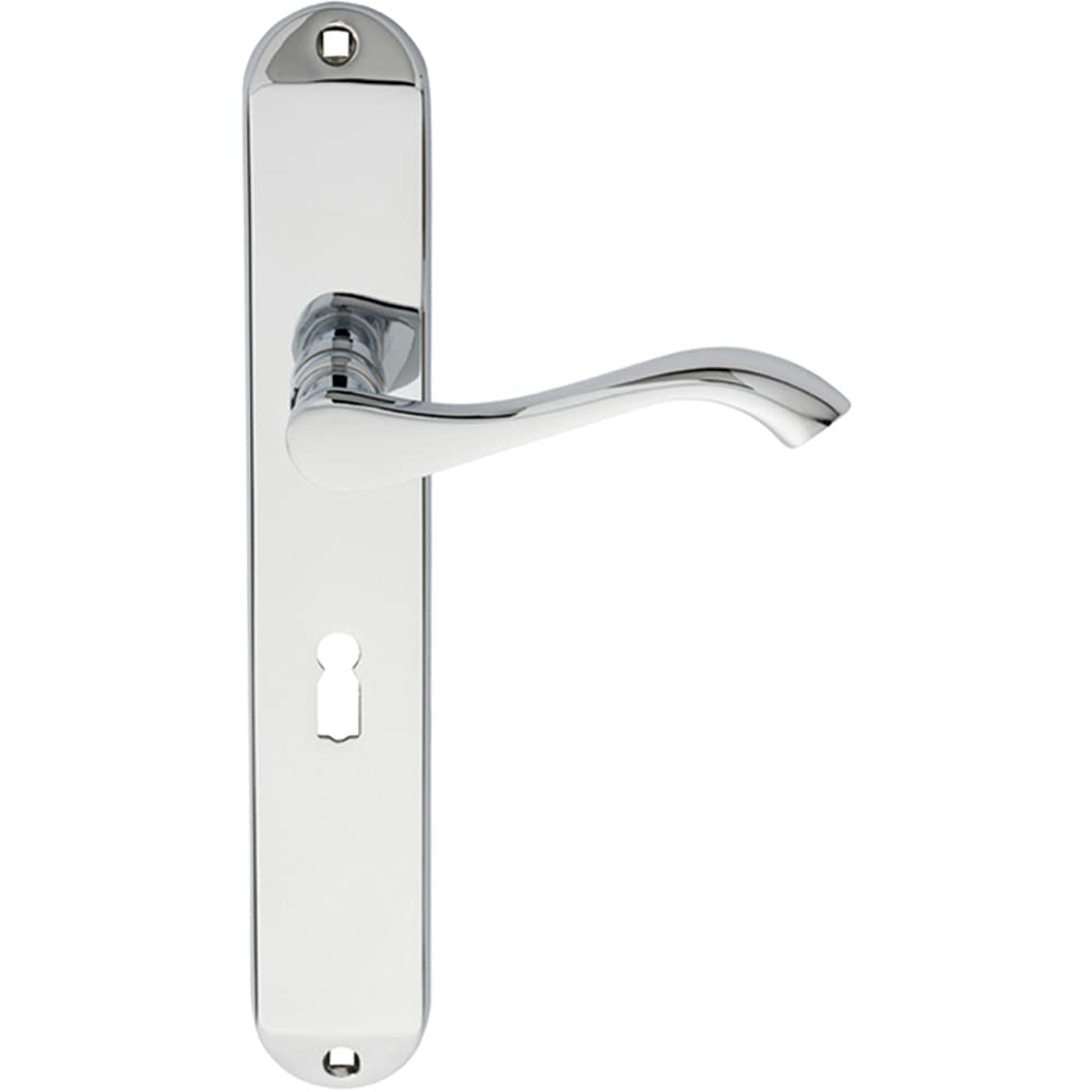 Loops Polished Chrome Pair Curved Handle On Long Slim Lock Backplate - 241 X 40Mm - | Traditional Lever On Backplate Door Handle - Internal Door Hardware - Lock, Euro, Oval And Latch Options Available