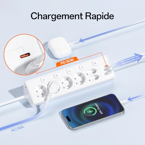 6 Fach Steckdosenleiste mit 3 USB PD 30W, Kemelo Mehrfachsteckdose mit Schalter, 9 in 1 Tischsteckdose Überspannungsschutz Schreibtisch Zubehör, 3m Verlängerungskabel Schreibtisch Steckdose, Weiß 3