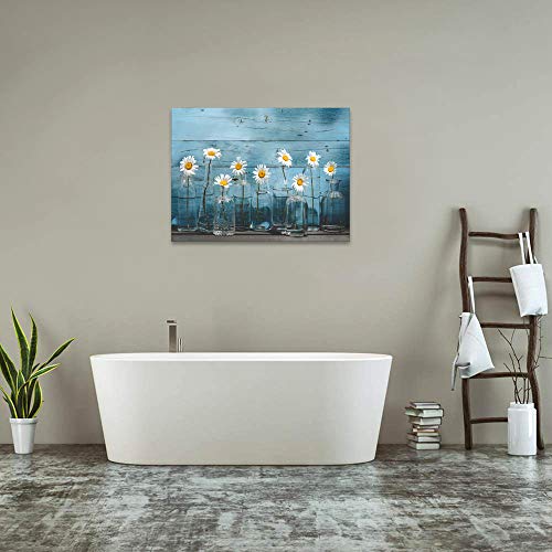1 Panel Vintage Flower Canvas Wall Art For Home Office Bathroom Decoration Modern Floral Canvas Artwork Daisy Flower Vase Picture Giclee Print On Canvas Blue Wooden Board Art Ready To Hang #TOP5