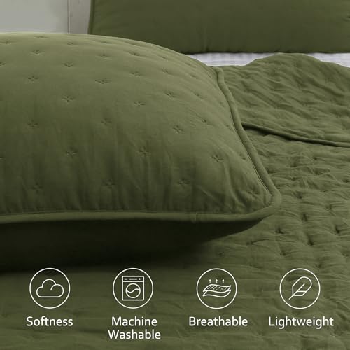 ROARINGWILD Olive Green Cloud Twin Size Quilt Bedding Sets with Pillow Sham, Farmhouse Lightweight Soft Bedspread Coverlet, All Season Rustic Country Thin Comforter, 2 Pieces, 68x90 inches