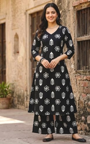 Image of CREATION & YOU Women Cotton Printed Kurta with Palazzo Set | Work /Office Wear Kurta Set for Women