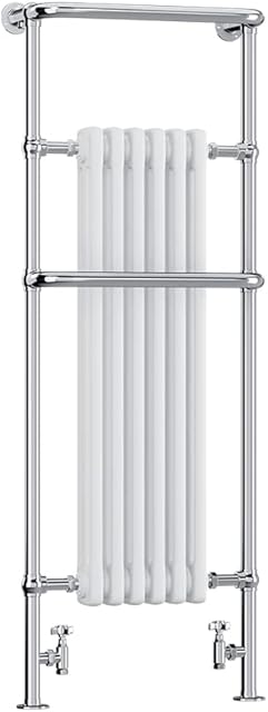 AQUAWORLD Traditional Victorian Style Bathroom Heated Towel with 6 Section Radiators, Floor Mounted Radiator Rack With White & Chrome 1500x575mm (free radiator vavles)