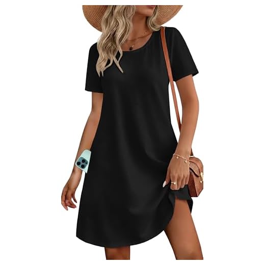 elescat Fall Dresses for Women Casual with Pockets Summer Mini Beach Sundress Short Sleeve Loose Fit(Black,L)