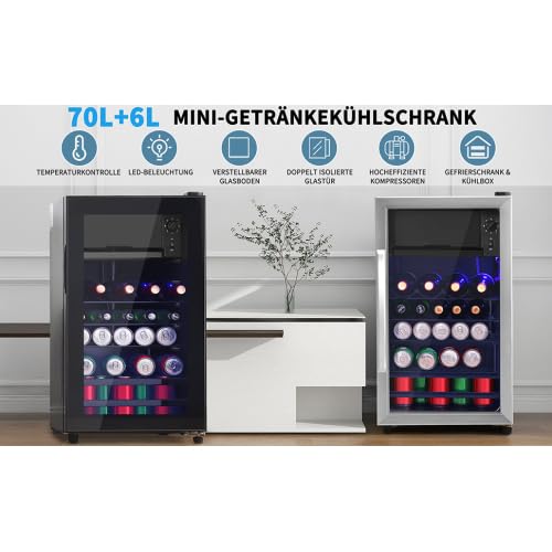 Kompaktowa lodówka z zamrażarką 76L, mała wolnostojąca 71cm, chłodziarka 70L + zamrażarka 6L, na 51 puszek, klasa E 83 kWh/rok, -10°C do 10°C, 43dB, LED, czarna