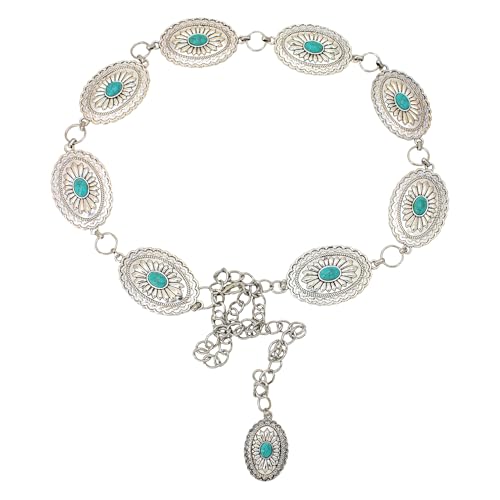 1 Pcs Western Turquoise Belts for Women,Adjustable Green Oval Round Flower Turquoise Belt,Boho Style Waist Chain Western Metal Belts for Woman,Cowgirl Chain Belt Using on Dresses and Jeans