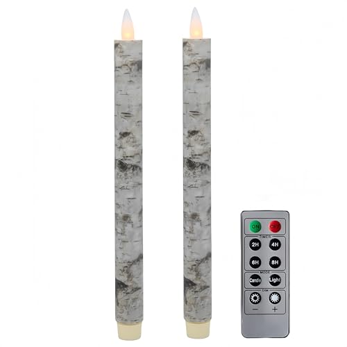 Image of Flameless Taper Candles Flickering with Remote and Timer, 3D Moving Flame Taper Candle Battery Operated to 400 Hours, 9 Inch Window Candles, (Birch Bark)