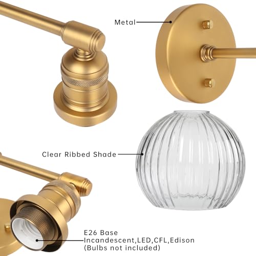 Image of Industrial Double Armed Glass Wall Sconce with Clear Striped Globe Shade, Indoor 2-Light Wall Vanity Light Fixture Hardwired for Bathroom Farmhouse Living Room Bedroom