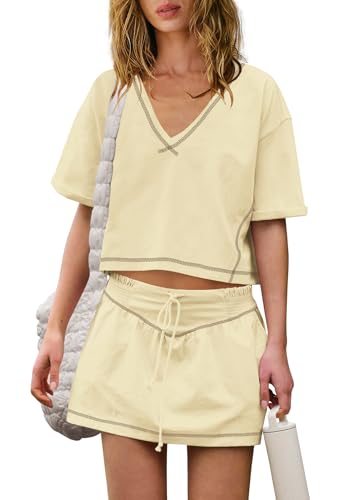Yanekop Skort Sets Women 2 Piece Outfits Two Piece Matching Workout Sets Crop Tops and Mini Skirt Set, Light Yellow, M