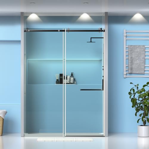 56"-60"W x 75"H Frameless Shower Door, Sliding Shower Door with 5/16"(8mm) Clear Tempered Glass, Noiseless Shatterproof Shower Door with Square Rail,