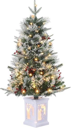 3ft Christmas Tree Pre-Lit Artificial Christmas Tree with Snowman Base, Flocked Snow 78 Warm White LED Lights, Battery Operated Holiday Decor for Home, Entrances