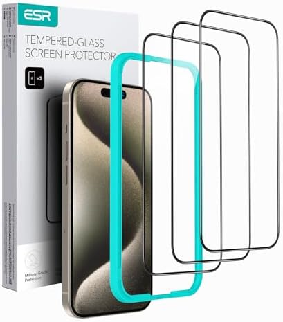 ESR 3 Pack for iPhone 15 Pro Tempered Glass Screen Protector, Align Frame