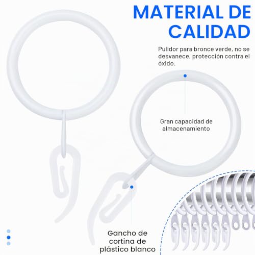 Miniatura 3 de 20 Anillos De Cortina Con Ganchos,30 Mm De Diámetro Interior,Anillos De Cortina De Metal Con Ganchos De Plástico Para Cortina De Cortina Con 22 Clips Para Cocina,Baño,Dormitorio,Salón,Balcón Blanco
