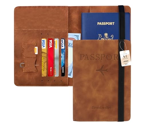 Image of NFI essentials Passport Holder Cover Wallet Travelling RFID Blocking PU Leather Card Case Organiser International Travel Must Haves Accessories for Women Men (Brown)