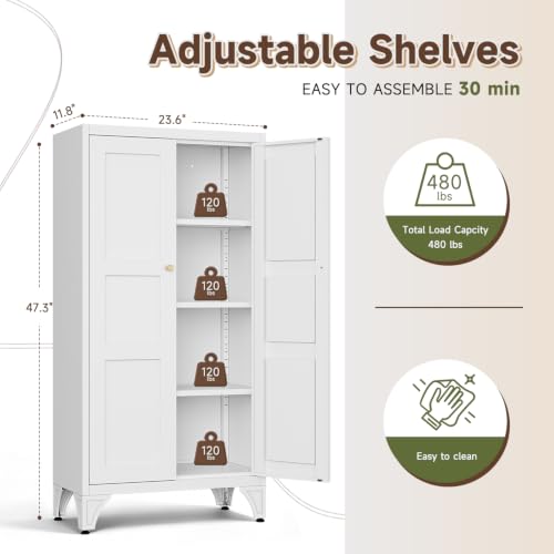 Image of Letaya Metal Storage Cabinet with Doors and Shelves,47.3 inch H Bathroom Floor Kitchen Pantry Utility Cupboard Dining Home Office /Garage Organizers,White