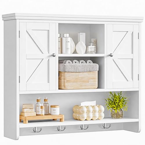 Bathroom Wall Cabinet with Doors and Hooks, 3-Tier Wall Mounted Cabinet