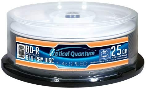 Optical Quantum OQBDR04GWIP-H 4X 25GB BD-R Single Layer Blu-Ray Recordable Blank Media Glossy White Inkjet Printable, 25-Disc Spindle