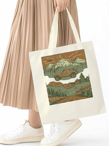 Canvas Tote Bag, Retro Off-road Vehicle Mountain Aesthetic Canvas Tote Handbags for Women Shoulder Bag,2