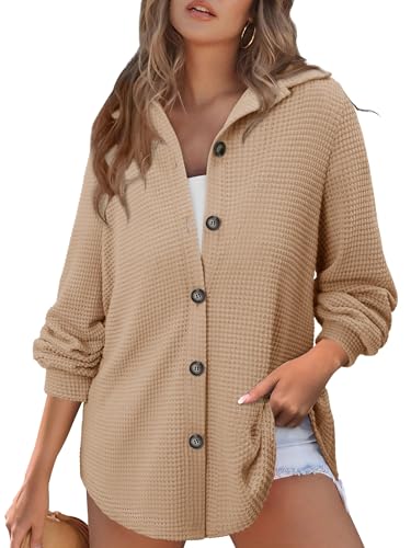 BETTE BOUTIK Fall Tops for Women Winter Long Sleeve Crochet Sweatshirt Plus Size Waffle Knit Fashion Button Up Shacket Jacket Casual Cute Work Flowy Shirt Khaki 3X