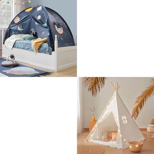 Teepee Tent for Kids – 100% Cotton Play Tent with Padded Mat & Star Lights, Space Galaxy Bed Tent for Kids – Sleep Bed Canopy with 9 Planets Desig