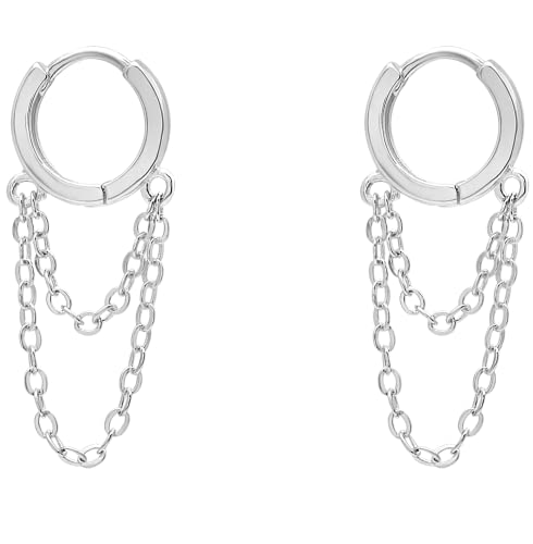Pendientes mujer plata con forma de aro y doble cadena colgante, fabricados en plata 925 de diseño moderno y juvenil | Perfectos como regalo mujer, pendientes plata de diario o piercing oreja (par) Cover