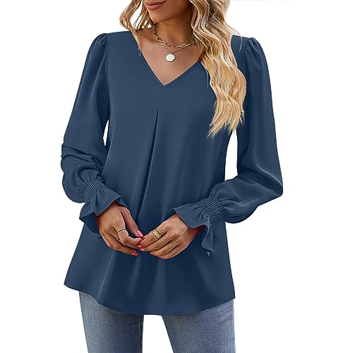 Funlingo Womens Shirts 2026 Long Sleeve Tops Dressy Casual V Neck Tunics Chiffon Blouses Work Outfits Dusty Blue L by Funlingo - Used condition - Image 4