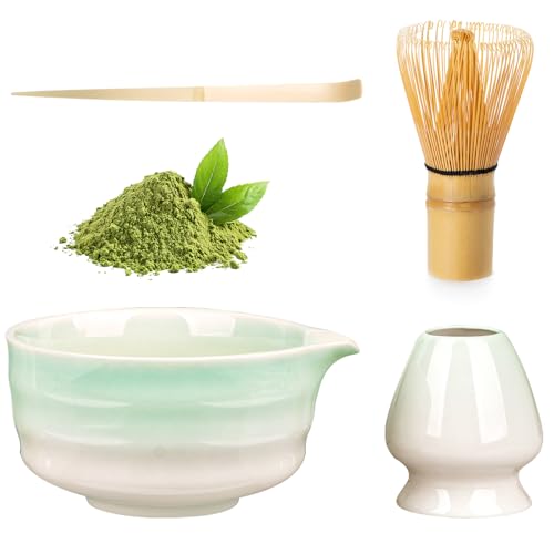 Matcha Set, AZ GOGO Kit Matcha Complet pour Débutants, Ensemble à Matcha 4 Pièces (Bol à Matcha, Fouet Matcha, Support Fouet, Cuillère à thé), Parfait...