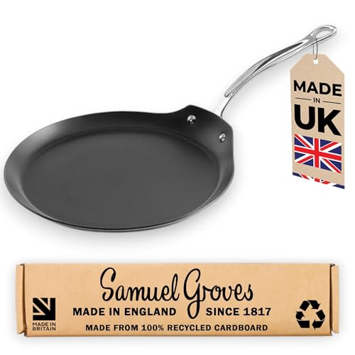 Samuel Groves - Classic Non Stick Stainless Steel Tri-Ply Crepe Frying Pan - Rapid Heat Distribution - Suitable for All Hobs, Including Induction Made in England