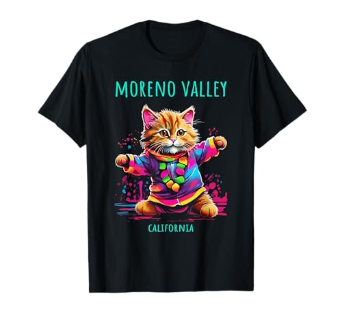 Moreno Valley California USA divertido colorido diseño de gato bailando Camiseta