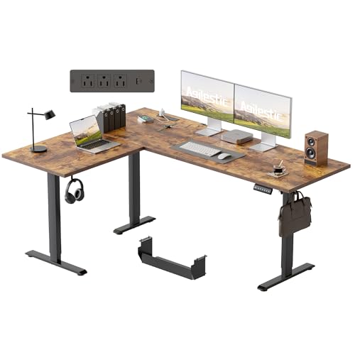 Image of Agilestic Electric L Shaped Standing Desk 63 x 48 Inch with Power Outlet, Height Adjustable Corner Stand up Desk with Cable Management,Sit Stand Home Office Workstation with Splice Board, Rustic Brown